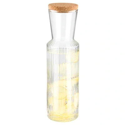 Abbildung von APS 10738 Glaskaraffe „Lines“, Wasserkaraffe aus Glas, Transparenter Wasserkrug mit Korkdeckel, Glaskrug, 27 cm Höhe, 0,7 l Volumen