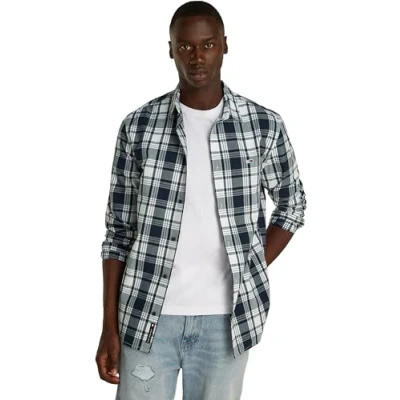 Abbildung von Tommy Jeans Herren Hemd Poplin Check Shirt Regular Fit, Mehrfarbig (Dark Night Navy Small Check), M