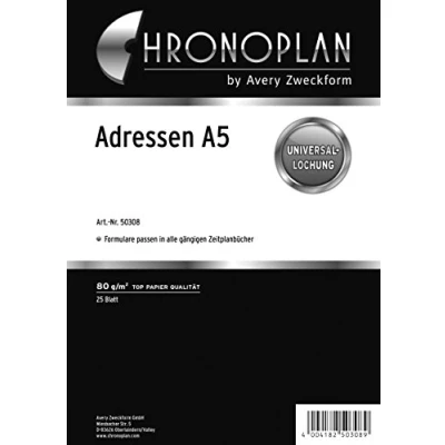 Abbildung von AVERY Zweckform 50308 Adress Einlagen zum Nachfüllen für Terminplaner (A5 Format, 25 Adressblätter mit Universallochung, 80g/m², übersichtliche Adresssammlung von Kontaktdaten, viele Organizer)