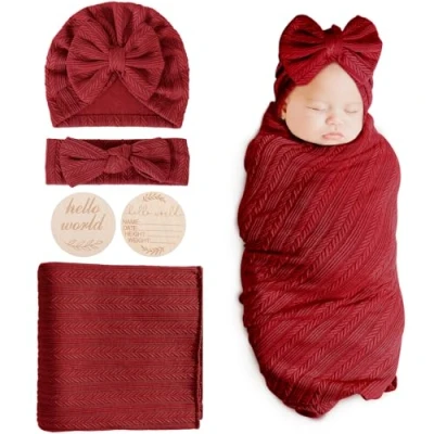 Abbildung von DRESHOW Baby Pucktuch Decke Neugeborenen Swaddle Pucksack mit Bogen Mütze Stirnband