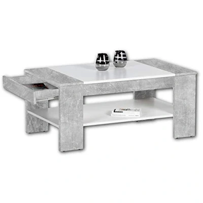 Abbildung von FINLEY Plus Couchtisch in Beton Optik, Weiß geräumiger Sofatisch mit Schublade &amp; Ablage für Ihren Wohnbereich 100 x 44 58 cm (B/H/T)