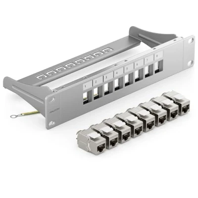 Abbildung von deleyCON 8 Port CAT7 Patchpanel SET Patchfeld Verteilerfeld Modular 1 HE 10&quot; Zoll Rackeinbau + 8x CAT 7 Keystone Module RJ45 LAN Netzwerk 10 Gbit/s 600 MHz Verlegekabel Grau