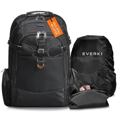 Abbildung von EVERKI Business 120 Laptop Rucksack mit Regenhülle Extra großes Laptopfach bis 18,4&quot;, 40L Kapazität, 180 Grad Klappdesign, Arbeits oder Gaming Tasche (EKP120), Schwarz
