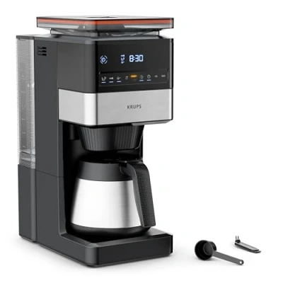 Abbildung von Krups Grind Aroma XL Filterkaffeemaschine, abnehmbares Kegelmahlwerk, digitales Bedienfeld, Fassungsvermögen (1,25 L), Edelstahl Thermoskanne, Schwarz/Edelstahl, KT842810