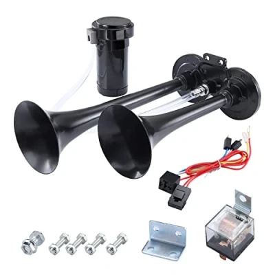 Abbildung von Rupse Hupe Luft Horn, Lufthorn Drucklufthorn auto Horn mit Kompressor 118db 12V für PKW LKW Booten Motorrädern (Schwarz Doppelrohr)