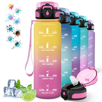 Abbildung von Trinkflasche 1 liter Sport, Leicht zu Reinigen, mit Strohhalm, Auslaufsicher, Erwachsene Zeitmarkierung, für Running, Camping, Yoga, Gelb Rosa
