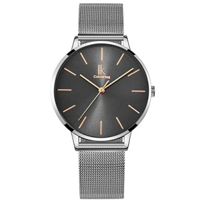 Abbildung von Alienwork Armbanduhr Damen Silber Metall Mesh Armband Edelstahl Grau Ultra flach dünn