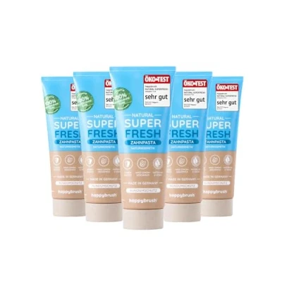 Abbildung von happybrush Naturkosmetik Zahnpasta SuperFresh mit Minz Lemon Geschmack Zahncreme 5 fach Schutz für deine Zähne Zink Ohne Mikroplastik 5er Pack (5 x 75ml)