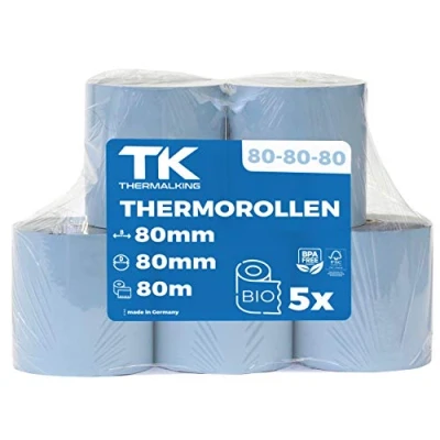 Abbildung von ÖKO Thermorollen 80mm x 12mm Kassenrollen Thermopapier Phenolfreie Bonrollen (80 80 12) Länge: ca. 80m (5)