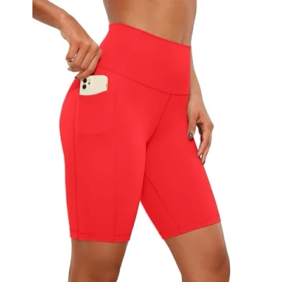 Abbildung von CRZ Yoga Naked Feeling Damen Radlerhose mit Taschen Hohe Taille Shorts Kurze Sporthose Sport Leggings Sportshorts 20cm Tiefrot 36