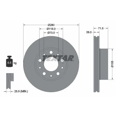 Abbildung von TEXTAR PRO 92286103 Bremsscheibe 280 28 05/10 118 innenbelüftet beschichtet ohne Radbefestigungsbolzen, Radnabe FIAT: Ducato III Van