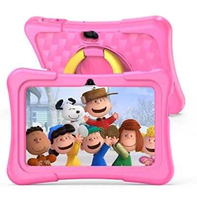 Abbildung von PRITOM 7 Inch, Android Quad Core 2GB RAM 32GB ROM BT WiFi Dual Camera Educational Games Child Lock Pre Installed Kids Software with Tablet Case Type C(Pink
