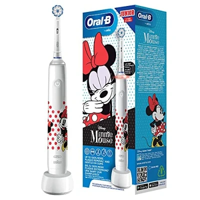 Abbildung von Oral B Junior Elektrische Zahnbürste für Kinder ab 6 Jahren, mit 2 Putzmodi und visueller 360 Andruckkontrolle Zahnpflege, Designed by Braun, Minnie Mouse, weiß, 1 Stück (1er Pack)
