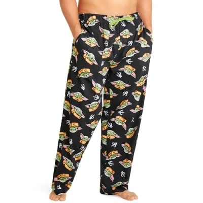 Abbildung von Disney Herren Lang Pyjamahose, Bequeme Loungewear PJs mit Taschen Geschenke für Ihn (Schwarz Baby Yoda, XL)