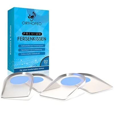 Abbildung von ORTHOPEO Premium Fersensporn Einlagen I Fersenpolster Fersenkissen für Schuhe Gel Silikon Herren 2 Paar Geleinlagen die Ferse Orthopädische Gelkissen L10.8 cm B 7