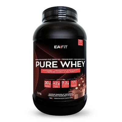 Abbildung von Whey Protein Pulver Haselnuss Schokolade 2,2kg Premium Molkenproteine für Muskelaufbau Isolate Eiweißpulver Proteinpräparate EAFIT made in France