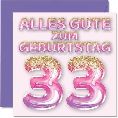 Abbildung von Stuff4 33. Geburtstagskarte für Frauen Rosa Lila Glitzerballons Alles Gute zum Geburtstagskarten 33 Jährige Frau Tochter Schwester Tante, 145mm Dreiunddreißig Geburtstag Grußkarten