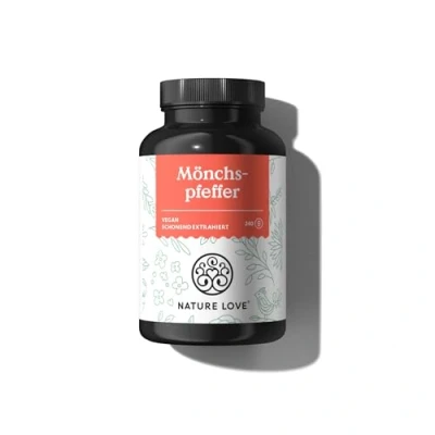 Abbildung von NATURE LOVE® Mönchspfeffer Kapseln 240 Stück 4:1 Extrakt aus Original Vitex Agnus Castus Hochdosiert mit 10mg je Kapsel, Ohne unnötige Zusätze, vegan, laborgeprüft, in Deutschland produziert