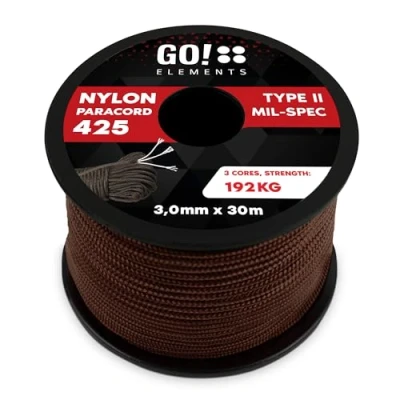 Abbildung von GO!elements 30m Paracord Seil aus reißfestem Nylon 3mm 425 Typ II max. 192kg Schnüre als Outdoor Seil, Allzweckseil, Survival Armband, Hundeleine, Nylonschnur, Farbe: Braun