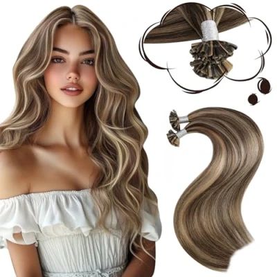Abbildung von Moresoo Haarverlängerung Bondings 1g Hot Fusion Keratin Extensions Echthaar Dunkelbraun mit Karamellblond Remy Pre Bonded U Tip 50g 40 cm