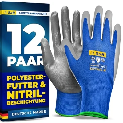Abbildung von S&amp;R Schutzhandschuhe 12 Paar mit Nitrilbeschichtung in M/8, Anti Rutsch Arbeitshandschuhe für Montage, Bauen, Restauration