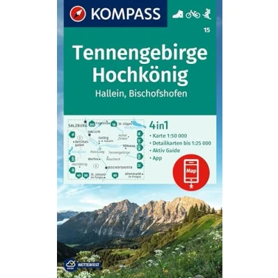 Abbildung von KOMPASS Wanderkarte 15 Tennengebirge, Hochkönig, Hallein, Bischofshofen 1:50.000: 4in1 mit Aktiv Guide und Detailkarten inklusive Karte ... in der App. Fahrradfahren. Skitouren.