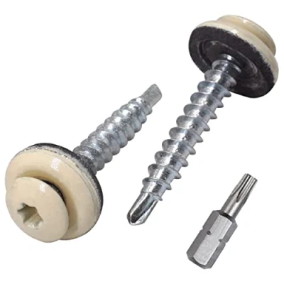 Abbildung von SKIR&#039;CO (25 Stück) Metalldachschrauben 4,8 x 35 mm lackiert, selbstbohrende Schrauben mit EPDM Unterlegscheiben, Torx Kopf (Light Ivory RAL 1015)