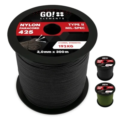 Abbildung von GO!elements 300m Paracord Seil aus reißfestem Nylon 3mm 425 Typ II max. 192kg Schnüre als Outdoor Seil, Allzweckseil, Survival Armband, Hundeleine, Nylonschnur, Farbe:Schwarz