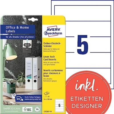 Abbildung von AVERY Zweckform C32267 10 Ordnerrücken Einsteckschilder (50 Rückenschilder, 54x190mm auf A4, bedruckbar, zum Einstecken für breite/kurze Ordner, Mikroperforation, fürs Home Office) Blatt, weiß