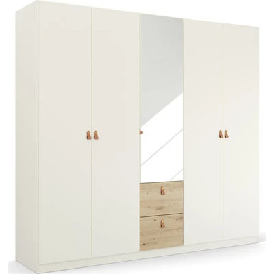Abbildung von Rauch Möbel Homey by Quadra Spin Schrank Drehtürenschrank, Weiß Eiche Artisan, Holz, 5 TRG. mit Spiegel, inkl. 3 Kleiderstangen, Einlegeböden, 2 Schubladen, Griffe Lederlasche, BxHxT 226x210x54 cm