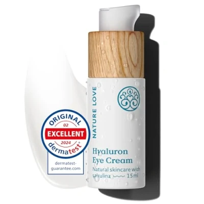 Abbildung von NATURE LOVE® Hyaluron Eye Cream 15ml Augencreme mit 100% Naturkosmetik, vegan Hyaluronsäure, Koffein, Aprikosenkernöl &amp; Spirulina Anti Aging gegen Augenringe, Parfümfrei