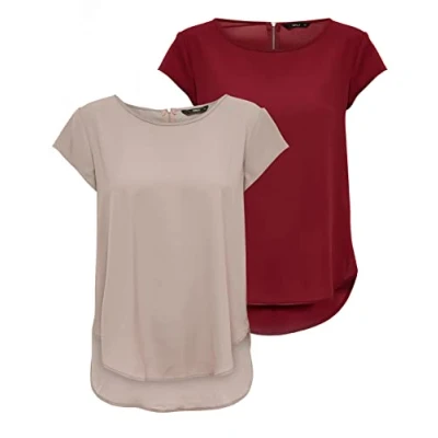 Abbildung von ONLY Damen ONLVIC S/S SOLID 2 Pack TOP, Merlot/Pale Mauve, 36