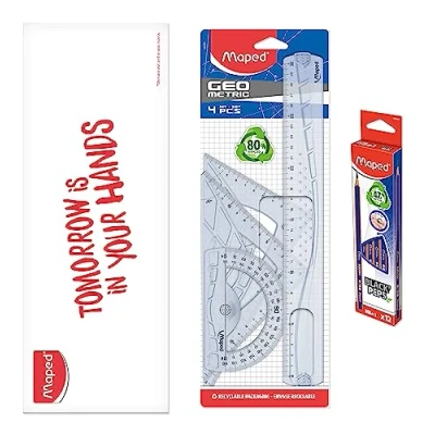 Abbildung von Maped Geometrie Set 4 Stück + 12 Bleistifte Navy Lineal 30 cm Schuldreieck 60/21 Schulwinkel 45/21 Winkelmesser 180/12 Zeichenset, starr, transparent