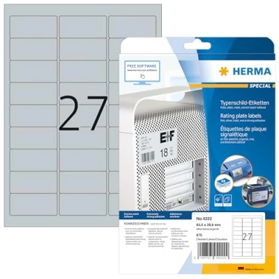 Abbildung von HERMA 4222 Typenschild Folien Etiketten silber, 25 Blatt, 63,5 x 29,6 mm, 27 pro A4 Bogen, 675 Stück, selbstklebend, bedruckbar, wetterfest, blanko Klebeetiketten Aufkleber aus Folie