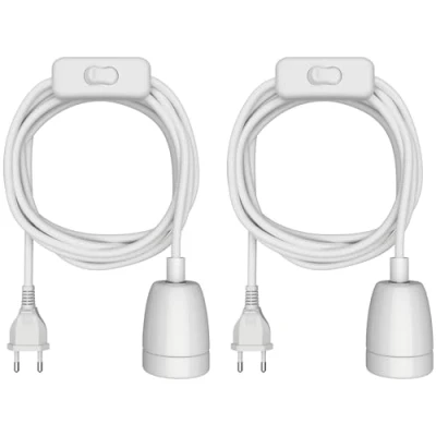 Abbildung von ledscom.de 2 Stück Textilkabel LEHA II, Stecker, Schalter, weiß, 3 m, Porzellan Fassung, 1x E27 max. 300W