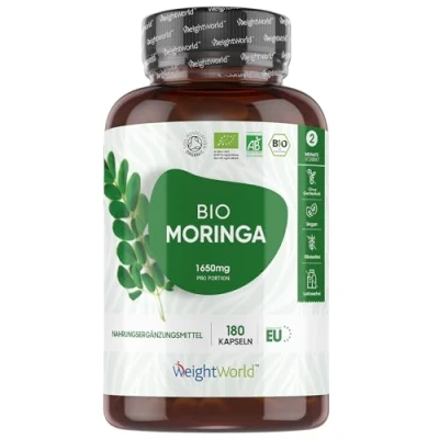 Abbildung von Bio Moringa Kapseln 1650mg Oleifera Pulver 180 vegane für 2 Monate Zertifiziertes Superfood 3 Täglich Geprüfte Zutaten, Ohne Zusätze &amp; Gentechnik WeightWorld