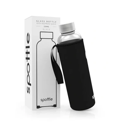 Abbildung von spottle Trinkflasche aus Glas 1l Glasflasche 500ml 750ml 1 liter mit Neoprenhülle Schutzhülle Glastrinkflasche Schraubverschluss (Schwarz, 550 ml)