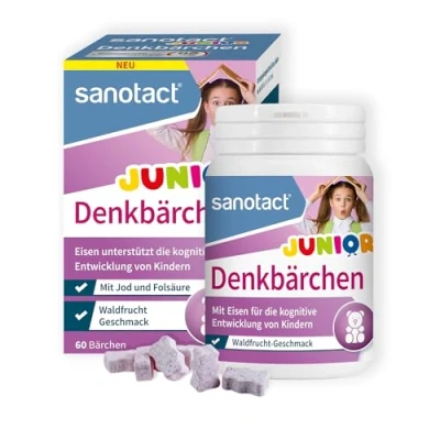 Abbildung von sanotact Denkbärchen Junior (60 Lutschtabletten) Mit Eisen, Folsäure &amp; Jod Eisen Tabletten für die kognitive Entwicklung bei Kindern Vitamine Kinder Waldfrucht Geschmack
