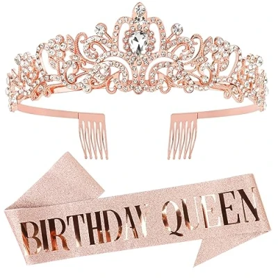 Abbildung von DRESHOW Geburtstagskrone und Schärpe für Damen Geburtstagskönigin &amp; Strass Tiara Set Geburtstag Tiaras Schärpen Mädchen Dekorationen Haarschmuck Glitter Party