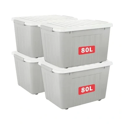 Abbildung von Cetomo,80L,4er Pack, Aufbewahrungsbox mit deckel,Aufbewahrungsboxen, Clips, stapelbar, Wohnzimmer, Schlafzimmer.lebensmittelecht ,Verschlussclips,Neumaterial Plastik Box grau