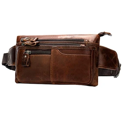 Abbildung von Xieben Vintage Leder Gürteltasche für Herren Frauen Reisen Wandern Laufen Hip Bum Gürtel Schlank Handy Geldbörse Brieftasche Beutel Braun