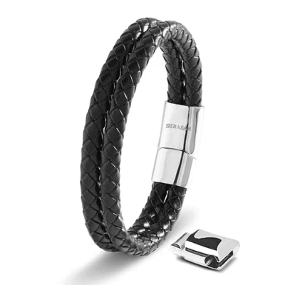 Abbildung von SERASAR Premium Lederarmband für Männer in Schwarz Magnetverschluss aus Edelstahl Schwarz, Silber &amp; Gold Inklusive Schmuckschachtel Tolle Geschenkidee