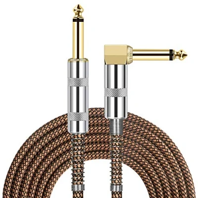 Abbildung von JOLGOO Gitarrenkabel, 1/4 Zoll Kabel 3m, gerade bis rechtwinklig 6,35mm Stecker Bass Keyboard Instrumentenkabel, Orange und Schwarz Tweed Stoff Jacke, elektrische Mandoline, pro Audio