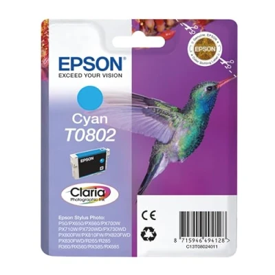 Abbildung von Epson Original T0802 Tinte Kolibri (Stylus Photo R265 R360 R285 RX585 RX685 PX700W P50 PX650 PX810FW PX710W PX820FWD PX720WD PX660 PX830FWD PX730WD RX560) cyan