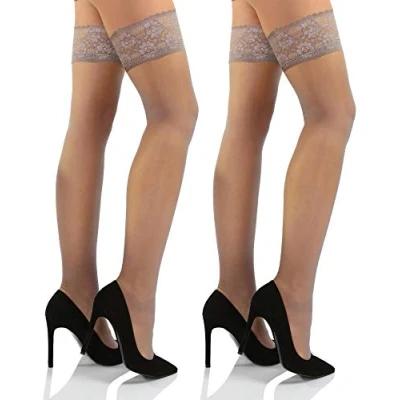 Abbildung von sesto senso Halterlose Strümpfe mit Spitze 2er Pack 15 DEN Feinstrümpfe Damen 3/4 M/L Daino Braun