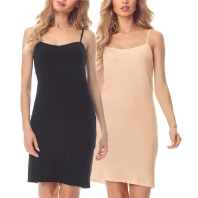 Abbildung von Merry Style Damen Unterkleid kurz Petticoat Knielänge einstellbare Träger 2Pack MS10 203(2Pack Schwarz/Nude, L)