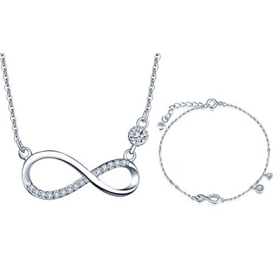 Abbildung von Yumilok Damen Armkette Halskette Kette mit Unendlichkeit Infinity Symbol Solitär Anhänger Zirkonia Armband Armbänder Armreifen Schmucksets 925 Sterling Silber Geschenk für Frauen Mädchen