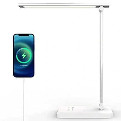 Abbildung von Anmossi Schreibtischlampe LED, Dimmbare Tischlampe für Büro Zimmer,5 Farb und 5 Helligkeitsstufen,Memory Funktion,USB Anschluss Aufladung Smartphones,Augenschutz Tischleuchte Kinder