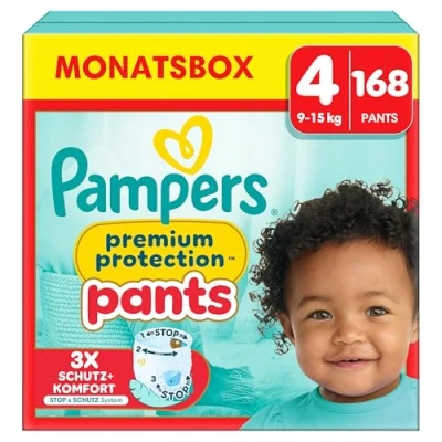 Abbildung von Pampers Baby Windeln Pants Größe 4 (9 15kg) Premium Protection, Maxi mit Stop und Schutz Täschchen, MONATSBOX, 168 Höschenwindeln