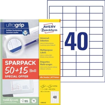 Abbildung von AVERY Zweckform 4780 65 Universal Etiketten (2.000 plus 600 Klebeetiketten extra, 48,5x25,4mm auf A4, Papier matt, individuell bedruckbar, selbstklebende Aufkleber mit ultragrip) Blatt, weiß